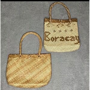 Pair of 2 Woven Round Shoulder Bag Rattan Straw Weave Tote Handmade Boho Purse